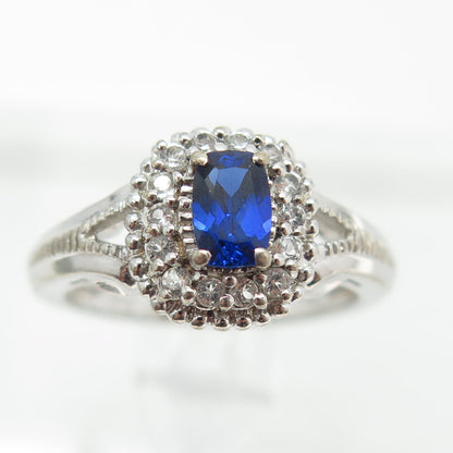 925 Sterling Silver Lab-Created Blue Sapphire & Real White Topaz Ring Size 7.25