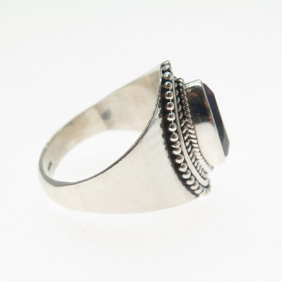 925 Sterling Silver Vintage Real Marquise-Cut Amethyst Beaded Ring Size 6