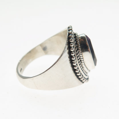 925 Sterling Silver Vintage Real Marquise-Cut Amethyst Beaded Ring Size 6