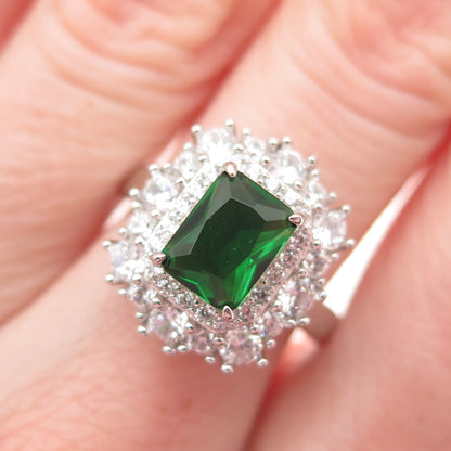DSMK 925 Sterling Silver Green & White C Z Bohemian Ring Size 7