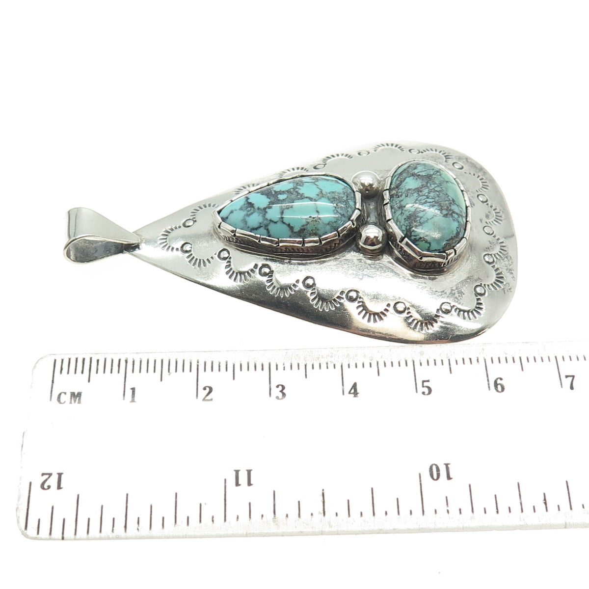 Old Pawn 925 Sterling Silver Vintage Peacock Turquoise Teardrop Tribal Pendant