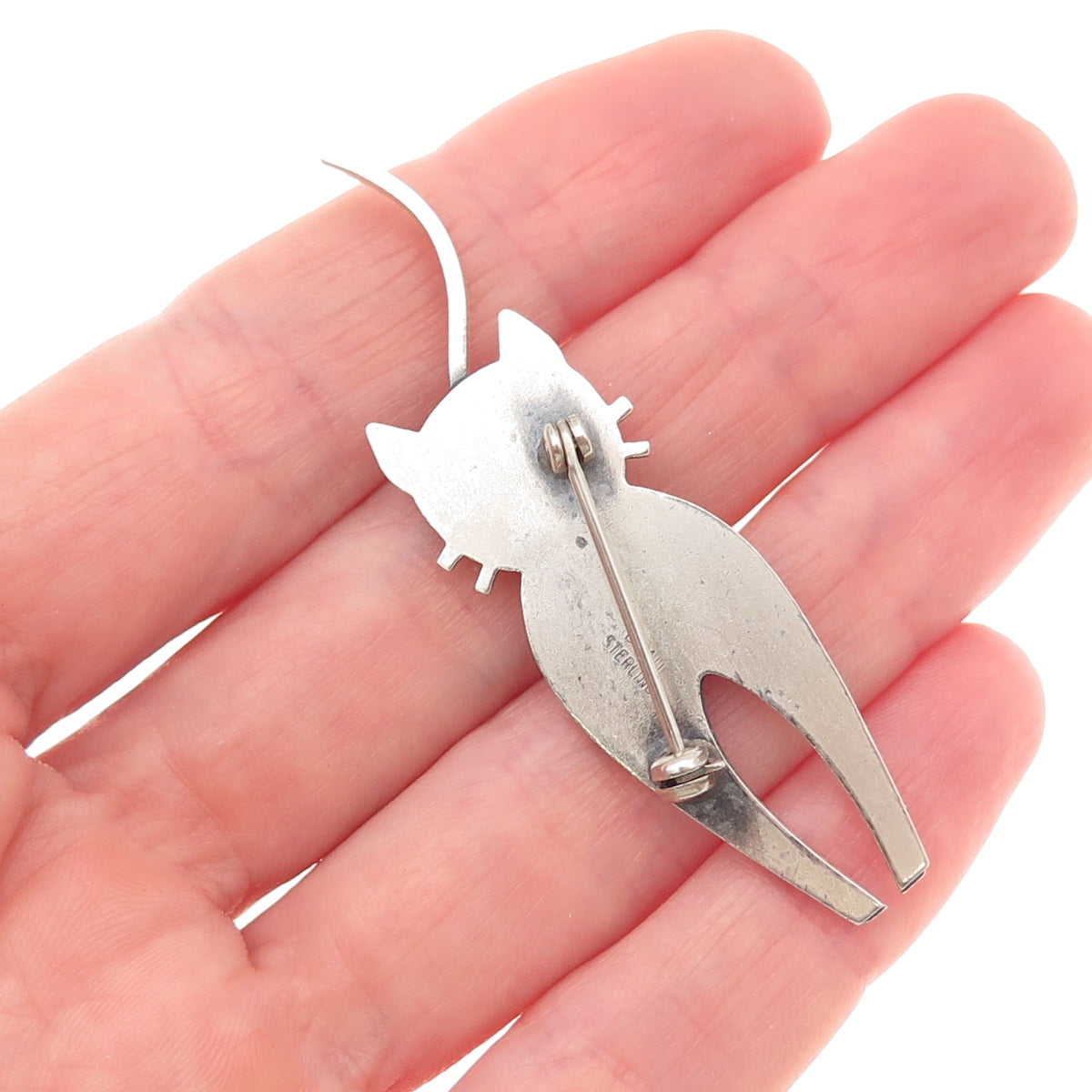 Beau 925 Sterling Silver Vintage Modernist Cat Oxidized Pin Brooch