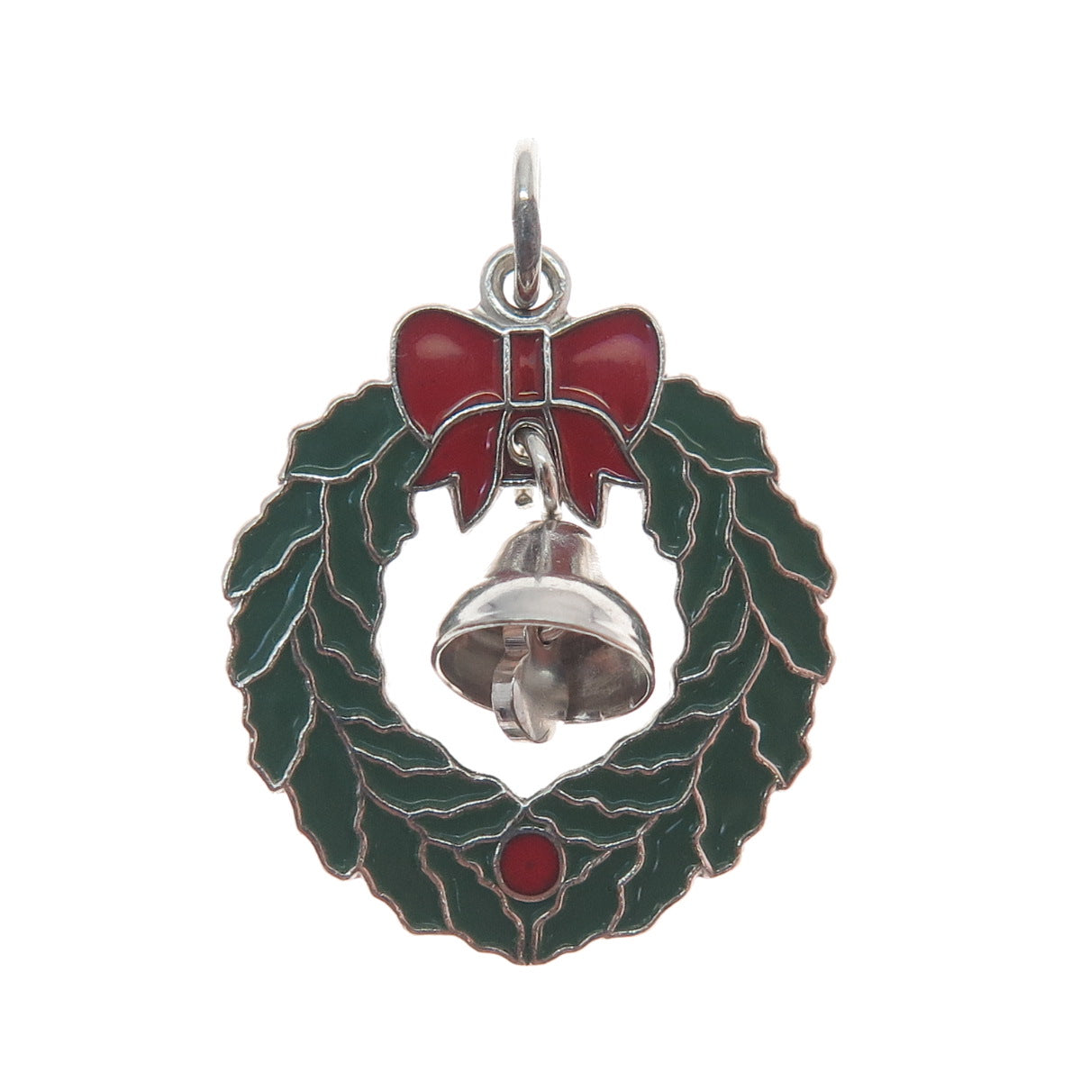 WELLS 925 Sterling Silver Vintage Enamel Christmas Bell Wreath Charm Pendant