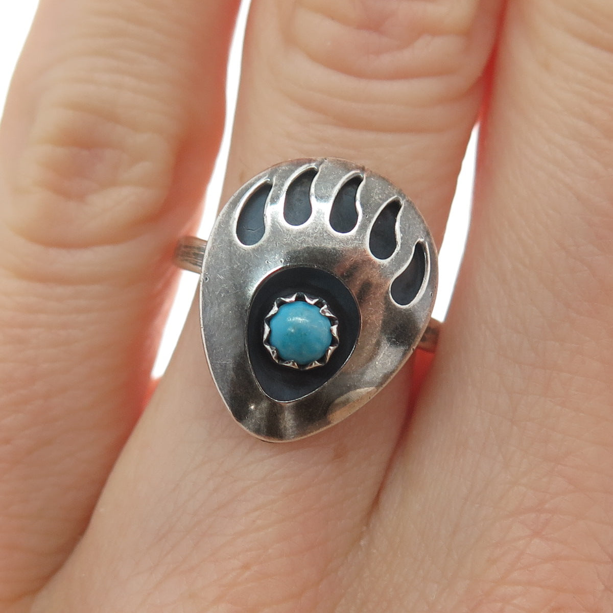 925 Sterling Silver Vintage Southwest Turquoise Snake Eye Bear Paw Ring Size 5