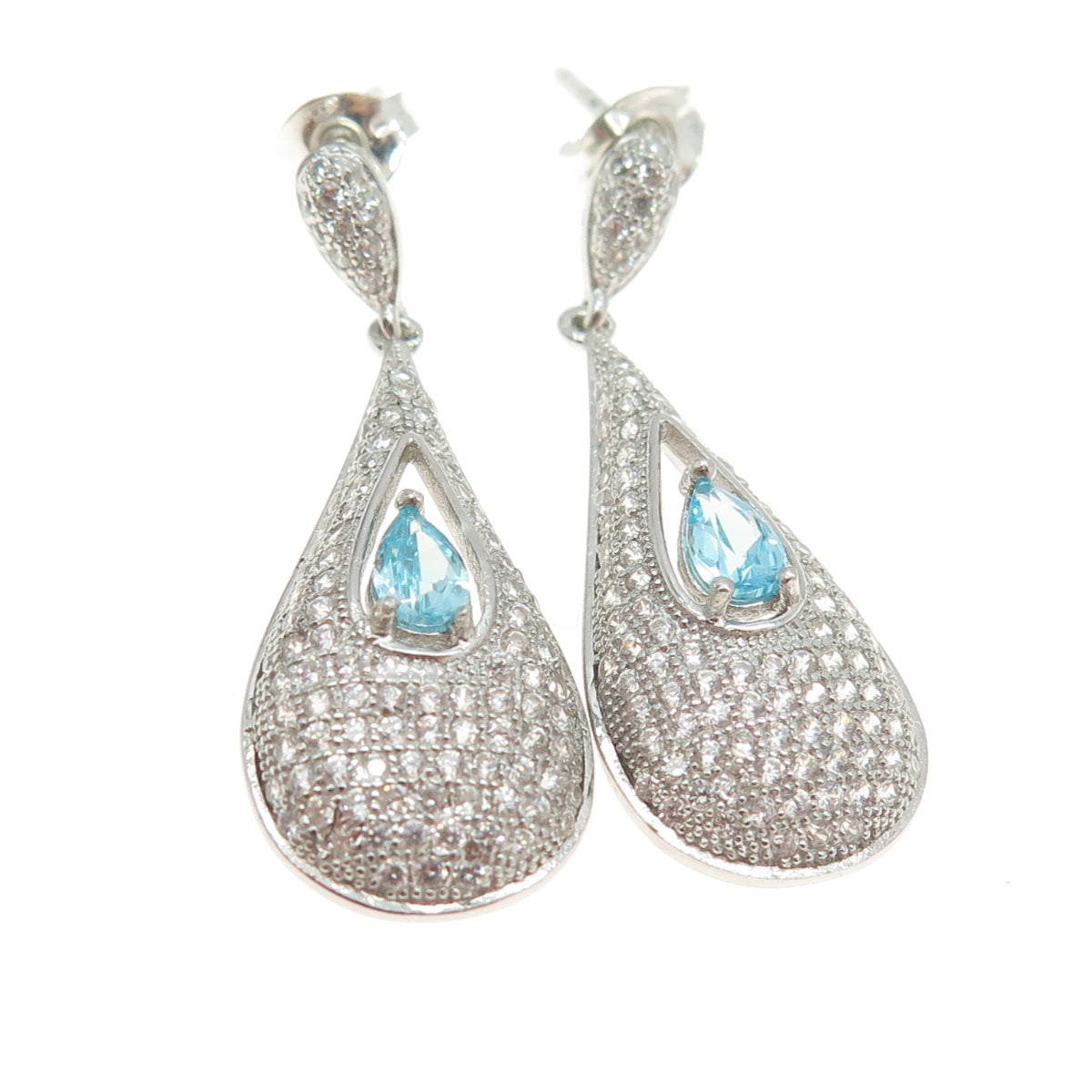 925 Sterling Silver Round & Pear-Cut Blue White C Z Drop Dangling Earrings