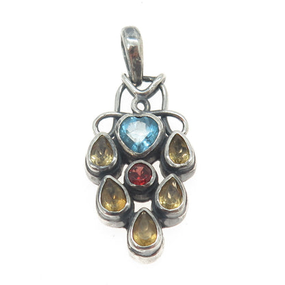 925 Sterling Silver Vintage Real Citrine Red Garnet & Blue Topaz Cluster Pendant