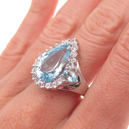 925 Sterling Silver Real Blue & White Topaz Teardrop Ring Size 7.25