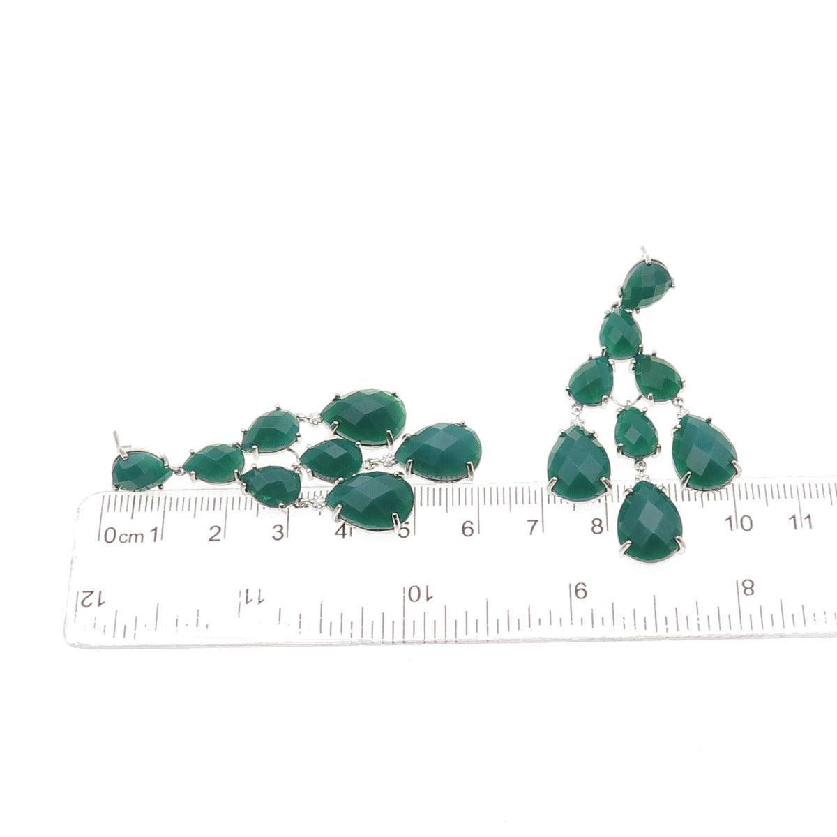925 Sterling Silver Real Pear-Cut Green Onyx Chandelier Dangle Earrings