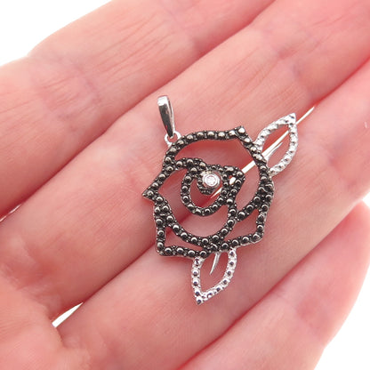 925 Sterling Silver Black Rhodium Real Diamond Accent Rose Floral Charm Pendant