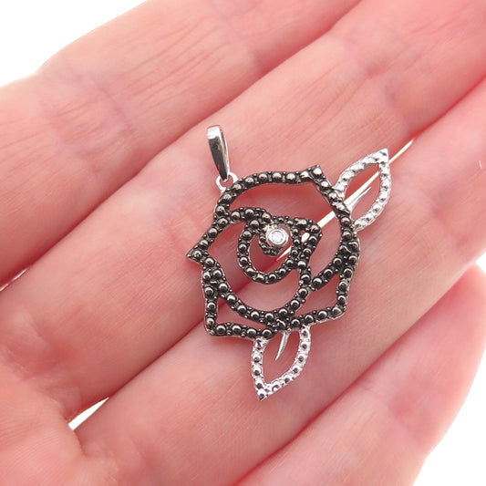 925 Sterling Silver Black Rhodium Real Diamond Accent Rose Floral Charm Pendant