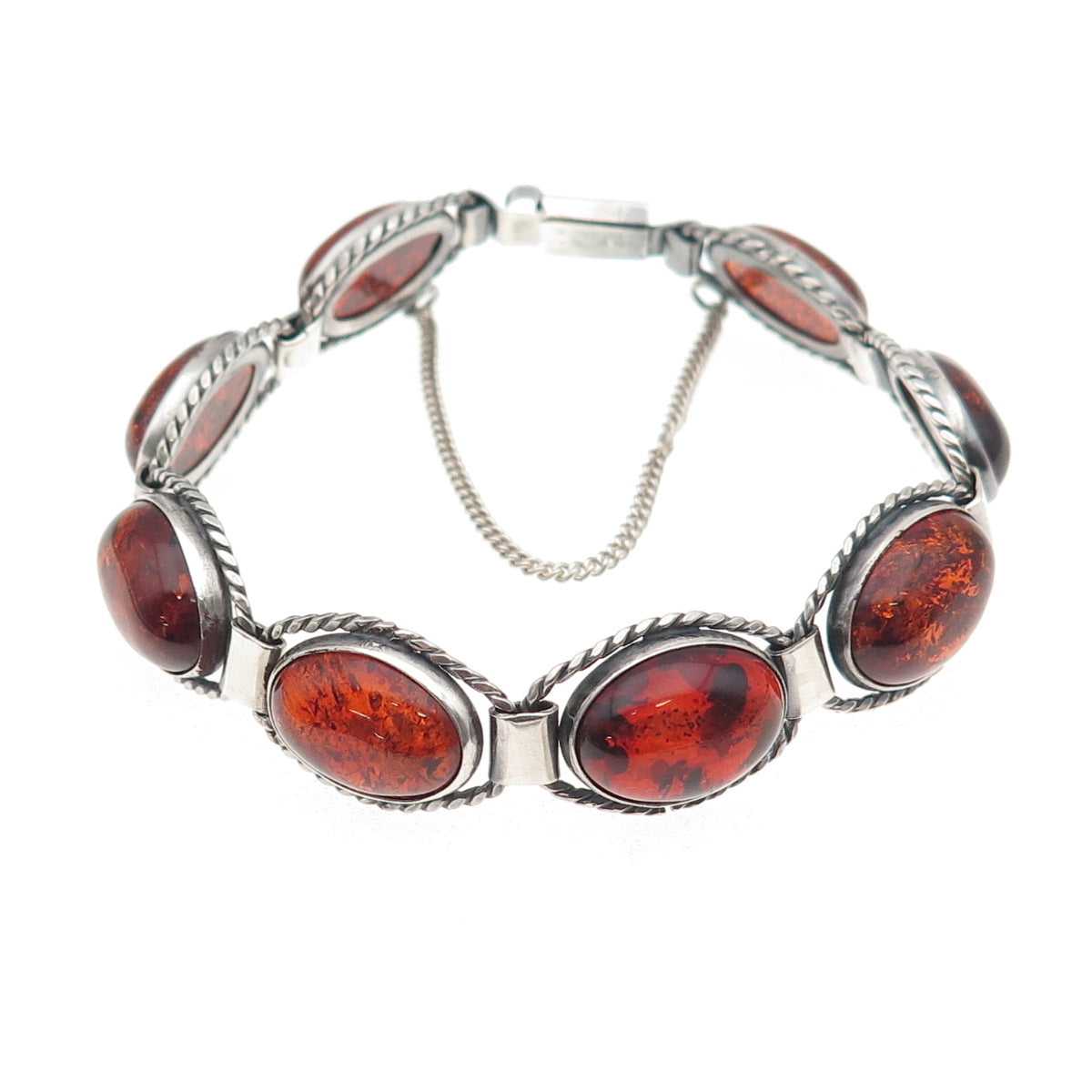 925 Sterling Silver Vintage Real Cabochon Amber Oxidized Bracelet 6.75"