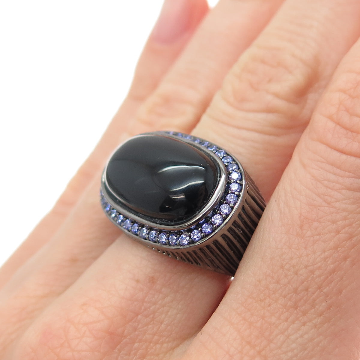 ARZY 925 Sterling Silver Black Rhodium Real Onyx & Purple C Z Ring Size 7.75
