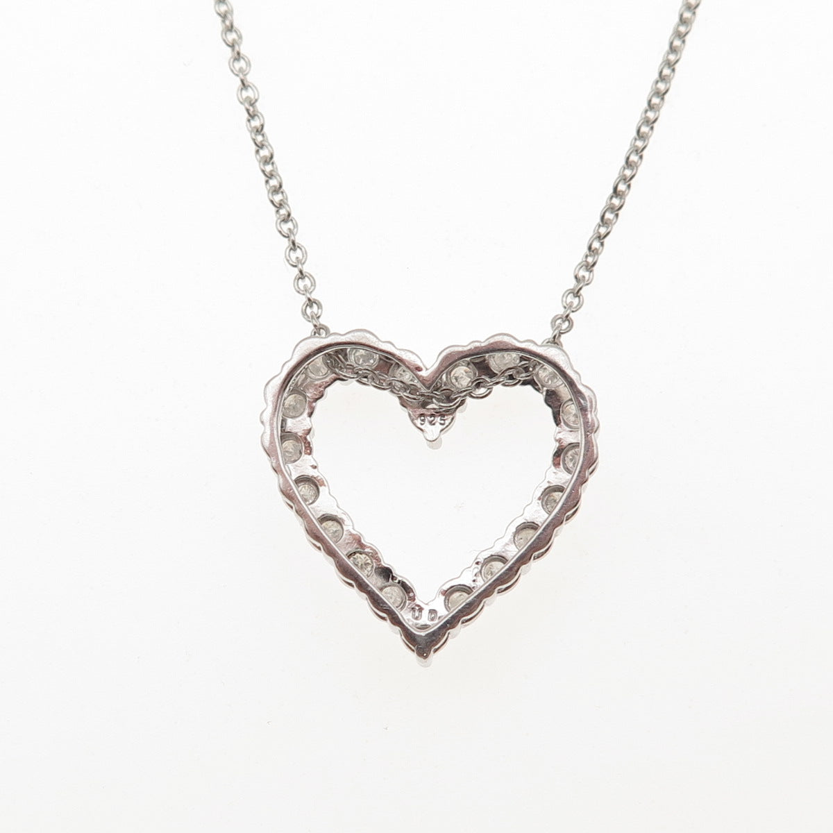 925 Sterling Silver Real Round-Cut Diamond Heart Cable Chain Necklace 18"