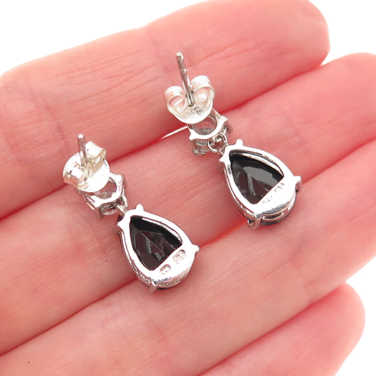925 Sterling Silver Pear-Cut Black & White C Z Teardrop Dangle Earrings