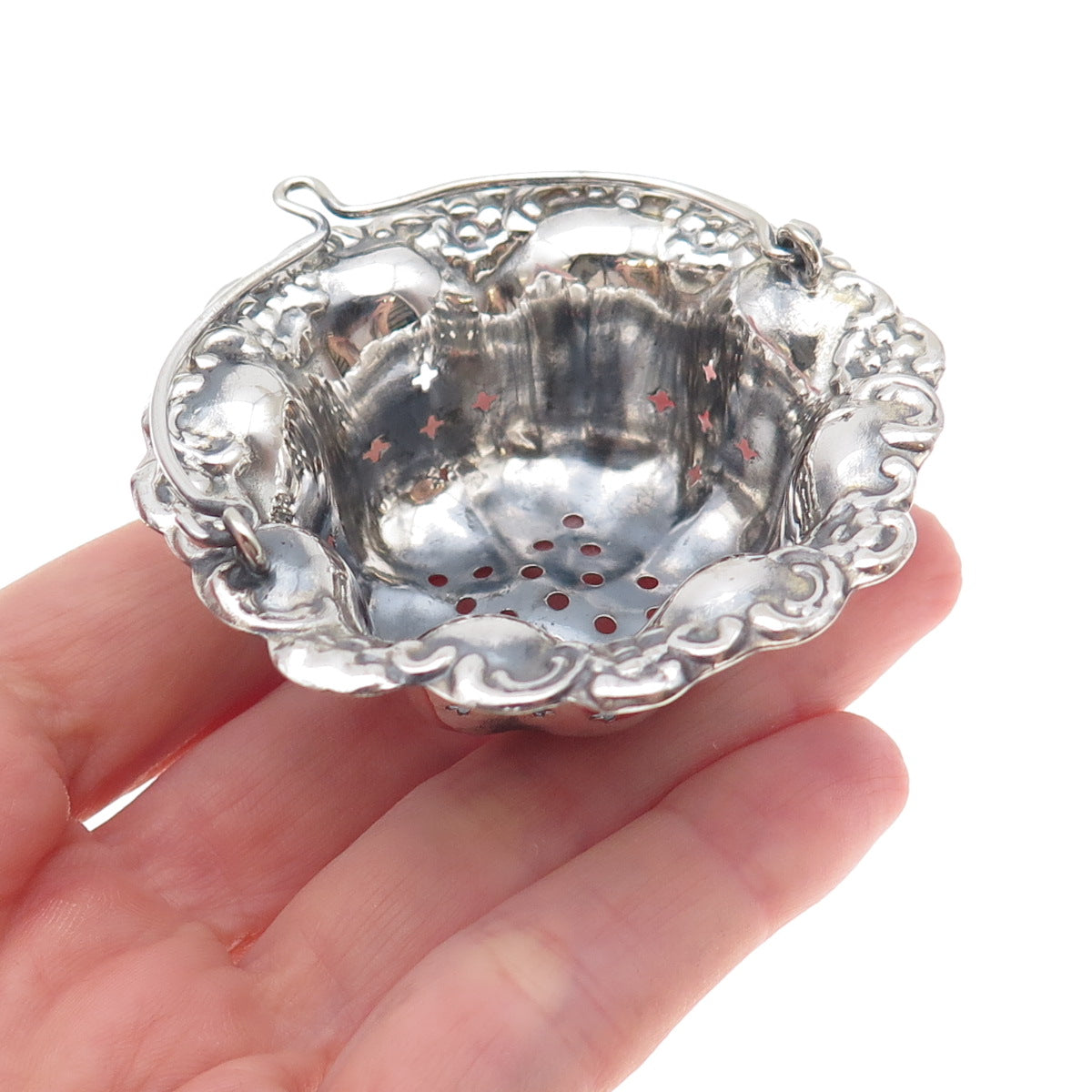 Silver-Tone Antique Art Deco Oxidized Repousse Tea Strainer Basket