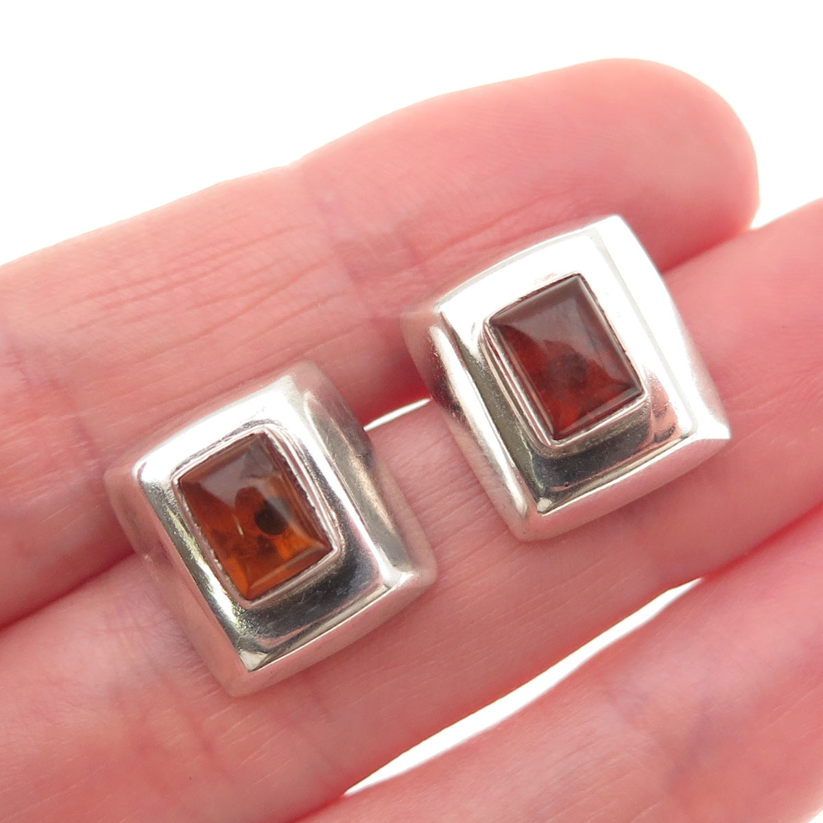 925 Sterling Silver Vintage Real Amber Modernist Earrings