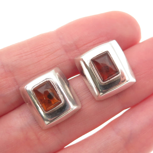 925 Sterling Silver Vintage Real Amber Modernist Earrings