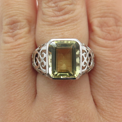 925 Sterling Silver Real Emerald-Cut Lime Citrine Swirl Ring Size 8.25