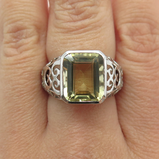 925 Sterling Silver Real Emerald-Cut Lime Citrine Swirl Ring Size 8.25
