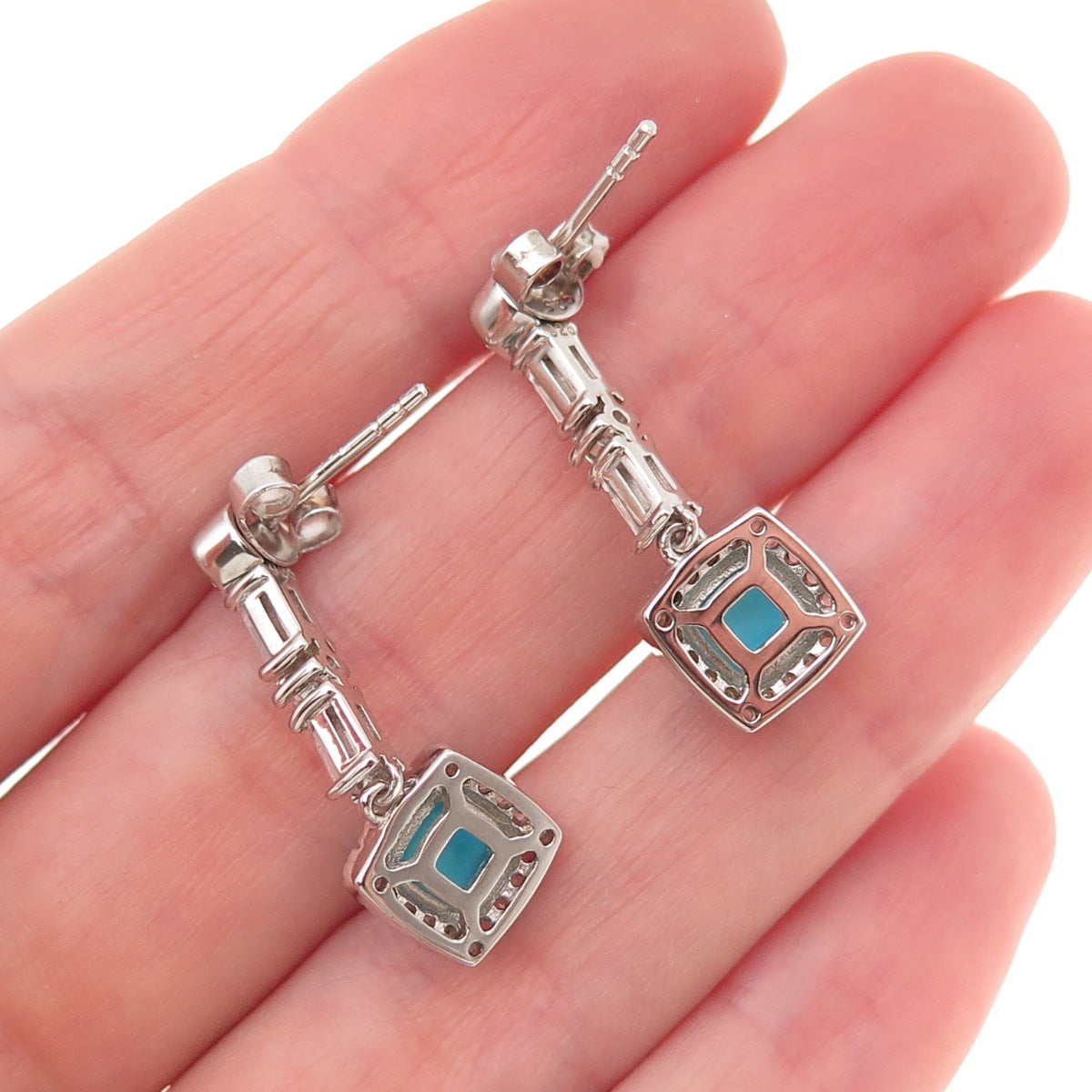 925 Sterling Silver Real Sleeping Beauty Turquoise & White Topaz Dangle Earrings
