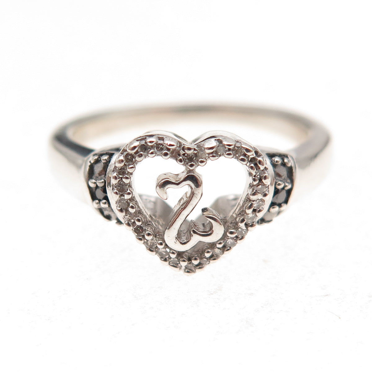 Jane Seymour 925 Sterling Silver Real Black & White Diamond Heart Ring Size 7
