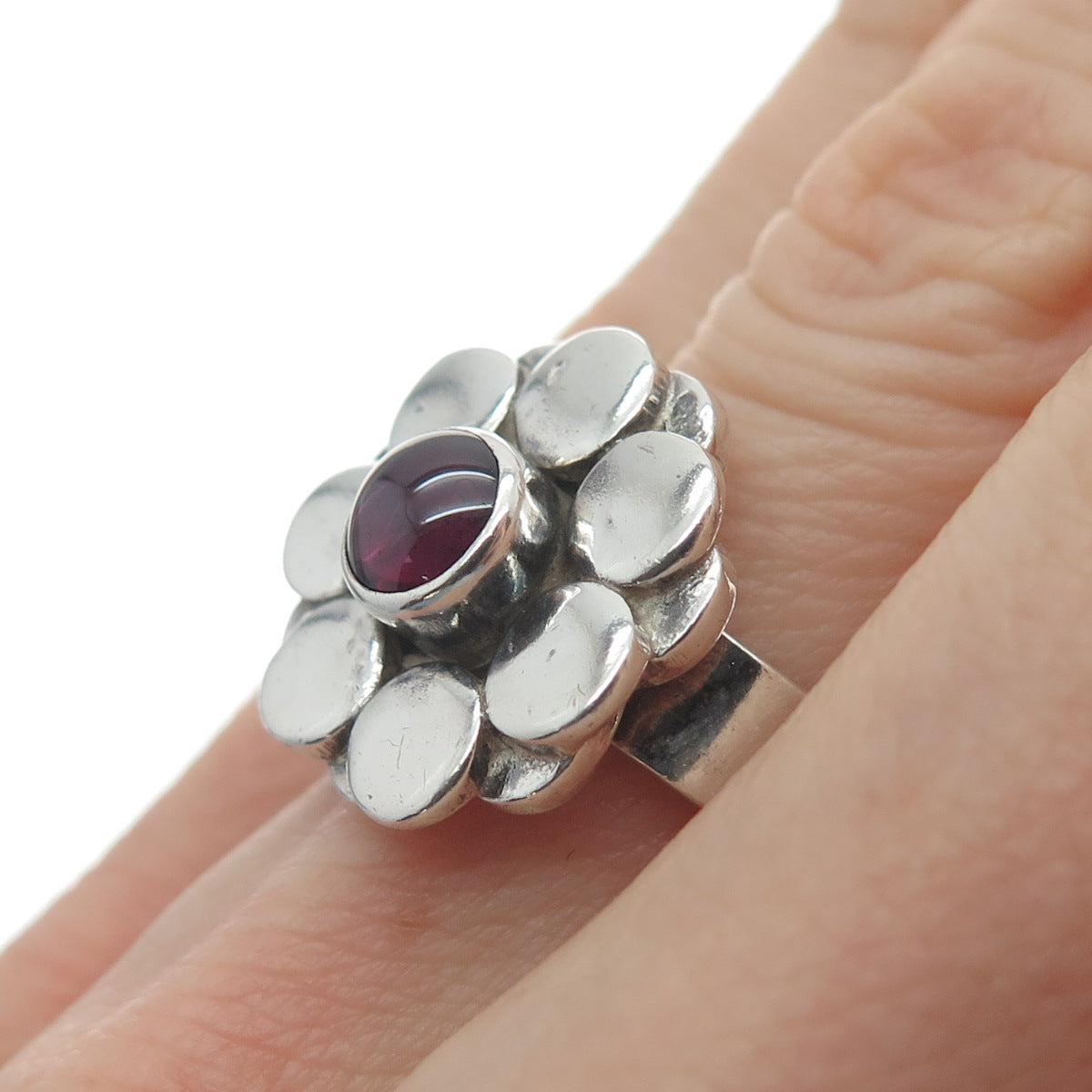 925 Sterling Silver Vintage Real Tourmaline Gem Flower Modernist Ring Size 6