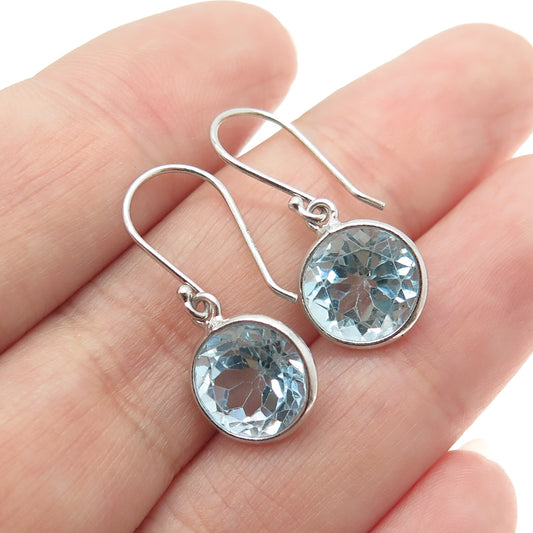 925 Sterling Silver Real Round-Cut Blue Topaz Dangling Earrings