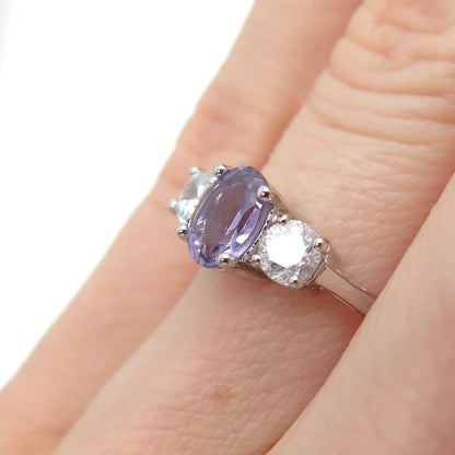 925 Sterling Silver Real Oval-Cut Amethyst & Round-Cut C Z Ring Size 5