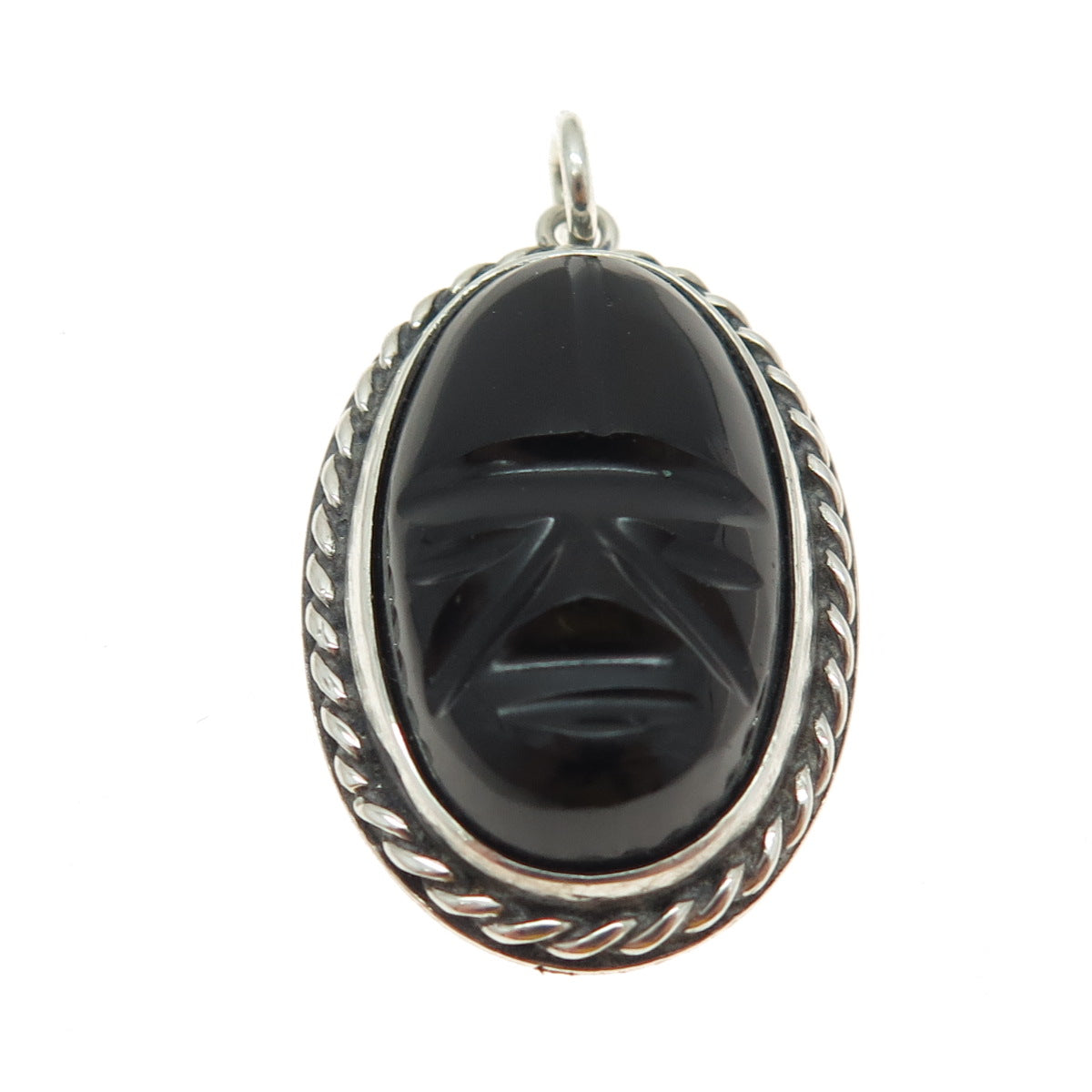 925 Sterling Silver Vintage Real Carved Black Onyx Gemstone Tribal Face Pendant