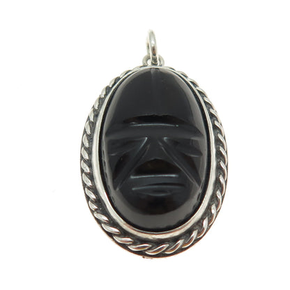 925 Sterling Silver Vintage Real Carved Black Onyx Gemstone Tribal Face Pendant