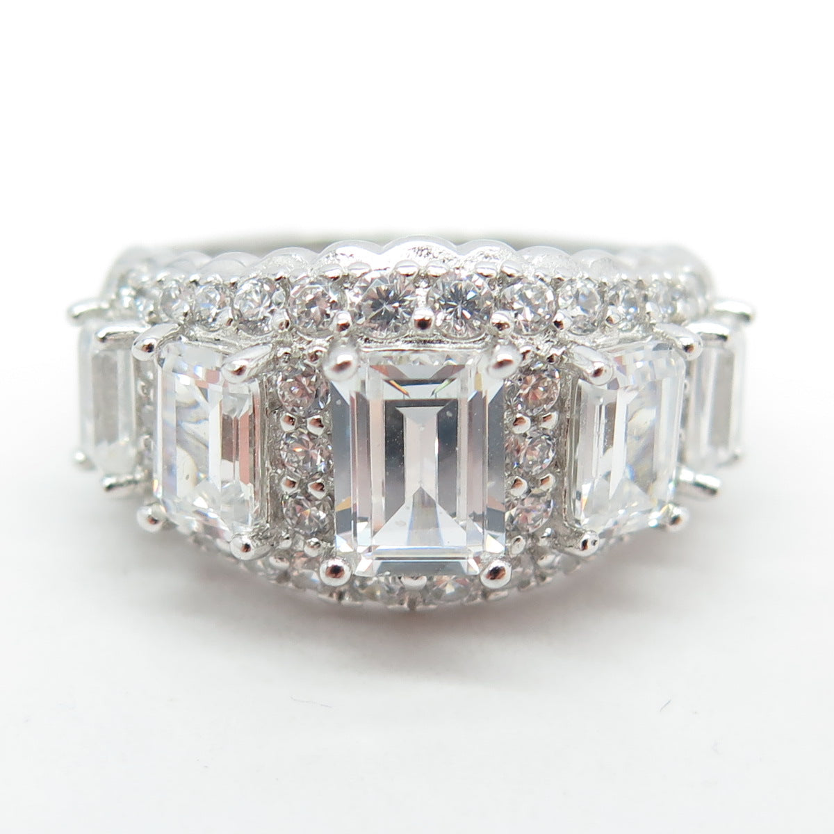 925 Sterling Silver Emerald & Round-Cut C Z Engagement Ring Size 7