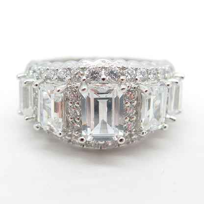 925 Sterling Silver Emerald & Round-Cut C Z Engagement Ring Size 7