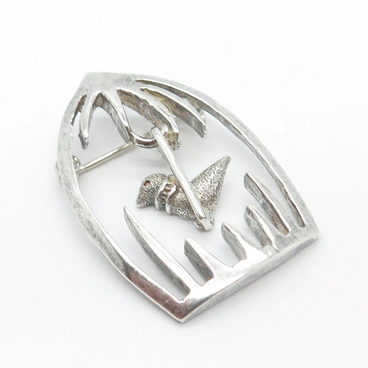 925 Sterling Silver Vintage Mexico Bird In A Cage Pin Brooch