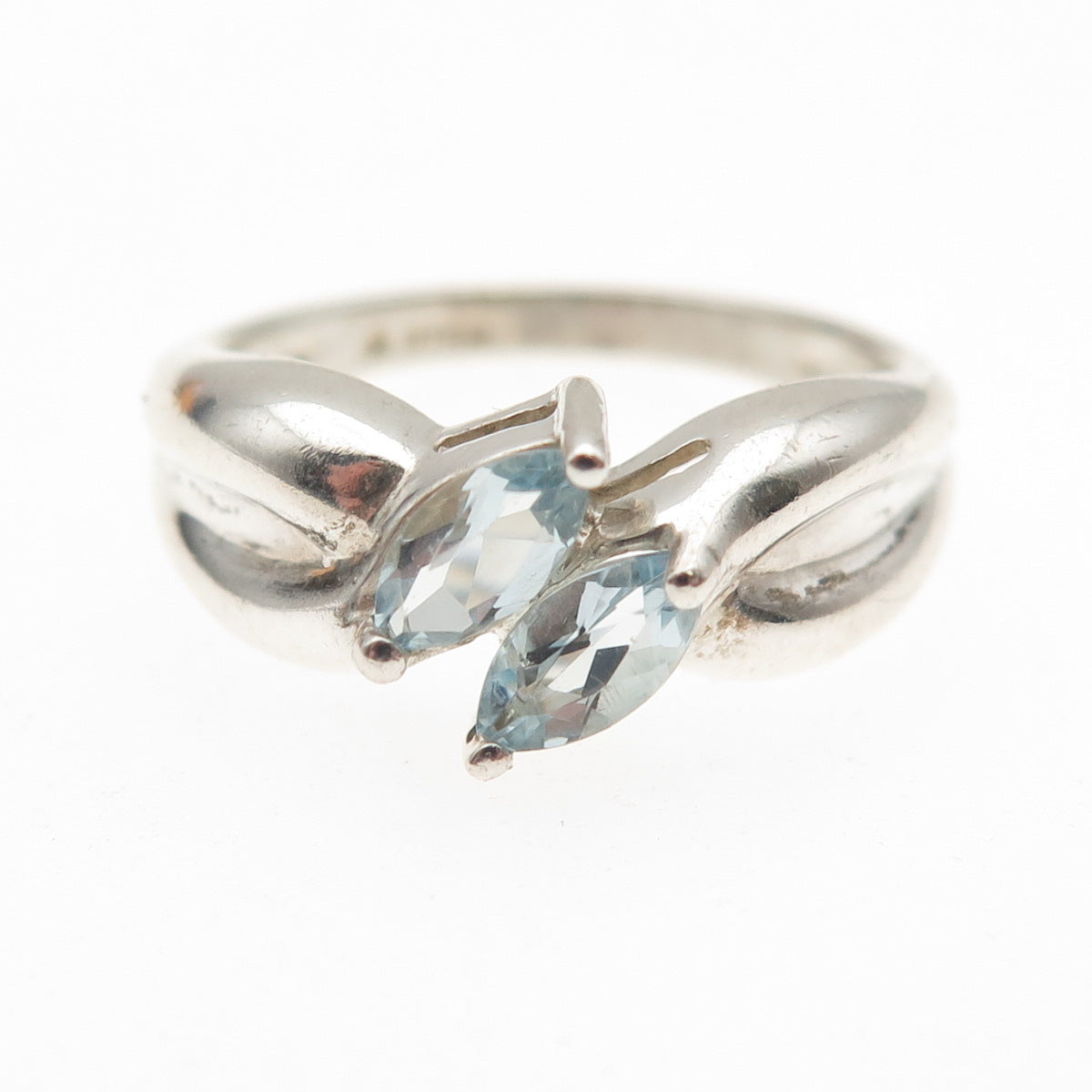 925 Sterling Silver Vintage Real Marquise-Cut Aquamarine Modernist Ring Size 6