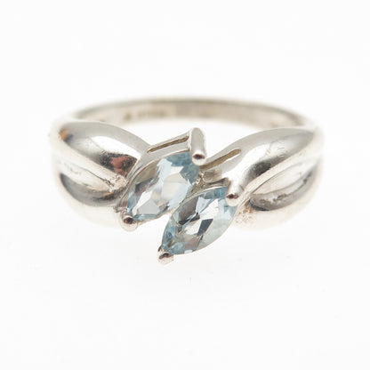 925 Sterling Silver Vintage Real Marquise-Cut Aquamarine Modernist Ring Size 6