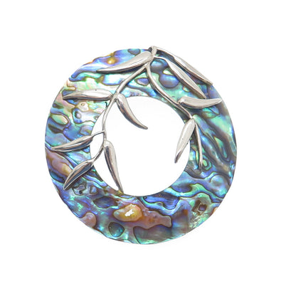 925 Sterling Silver Vintage Real Abalone Shell Floral Disc Modernist Pendant