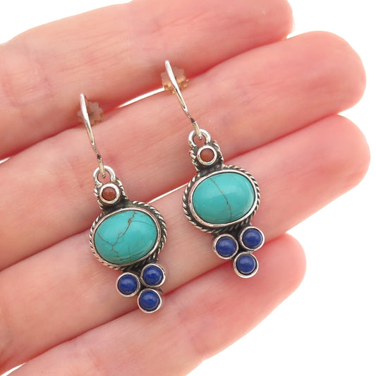 925 Sterling Silver Vintage Real Turquoise Lapis & Coral Dangle Earrings