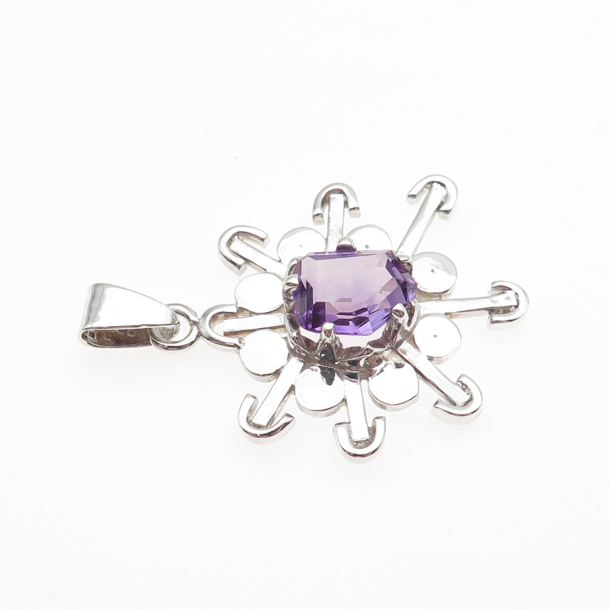 925 Sterling Silver Vintage Mexico Real Amethyst Modernist Charm Pendant