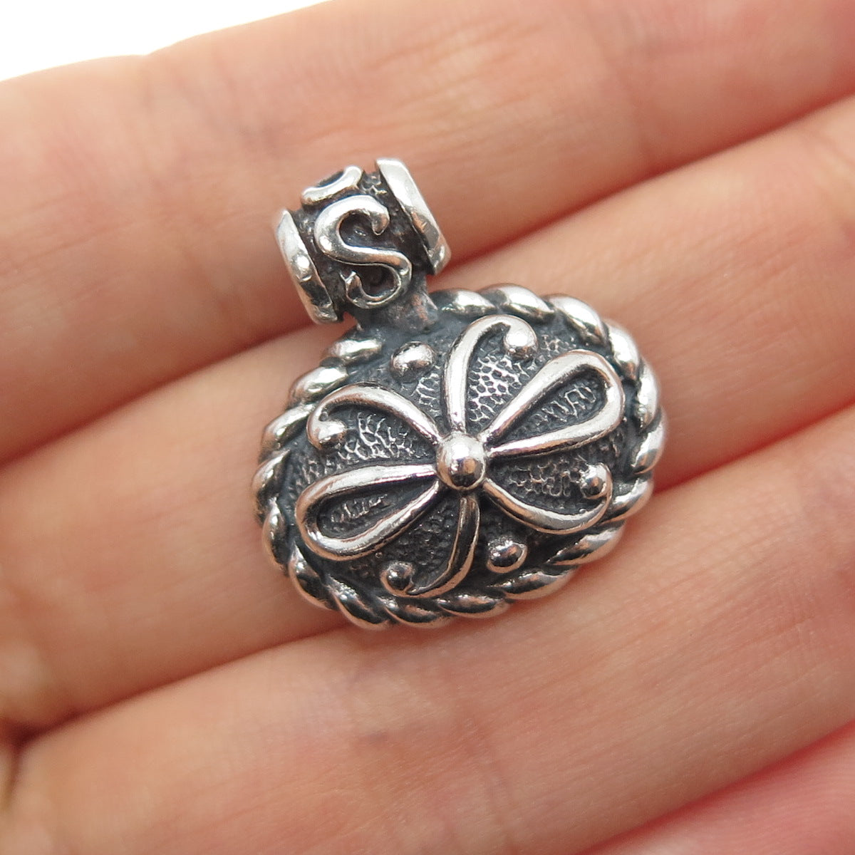 SIDNEY EVAN 925 Sterling Silver Vintage Flower Oxidized Charm Pendant