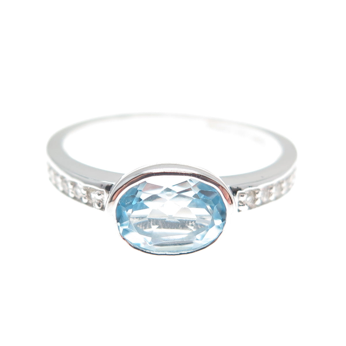 DSMK Sterling Silver Real Oval-Cut Blue & Round-Cut White Topaz Ring Size 8.25