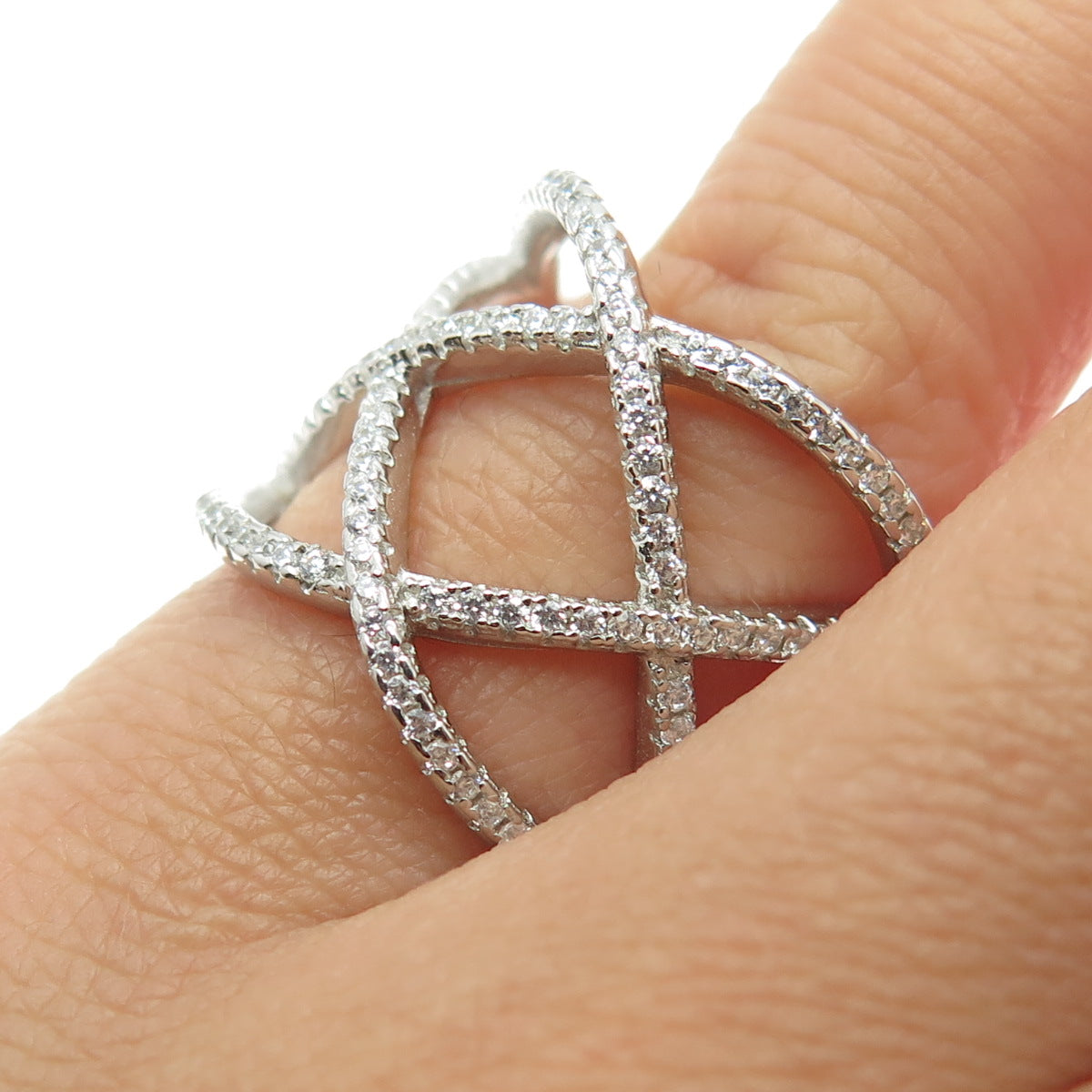 925 Sterling Silver Round-Cut C Z Crisscross Ring Size 5.75