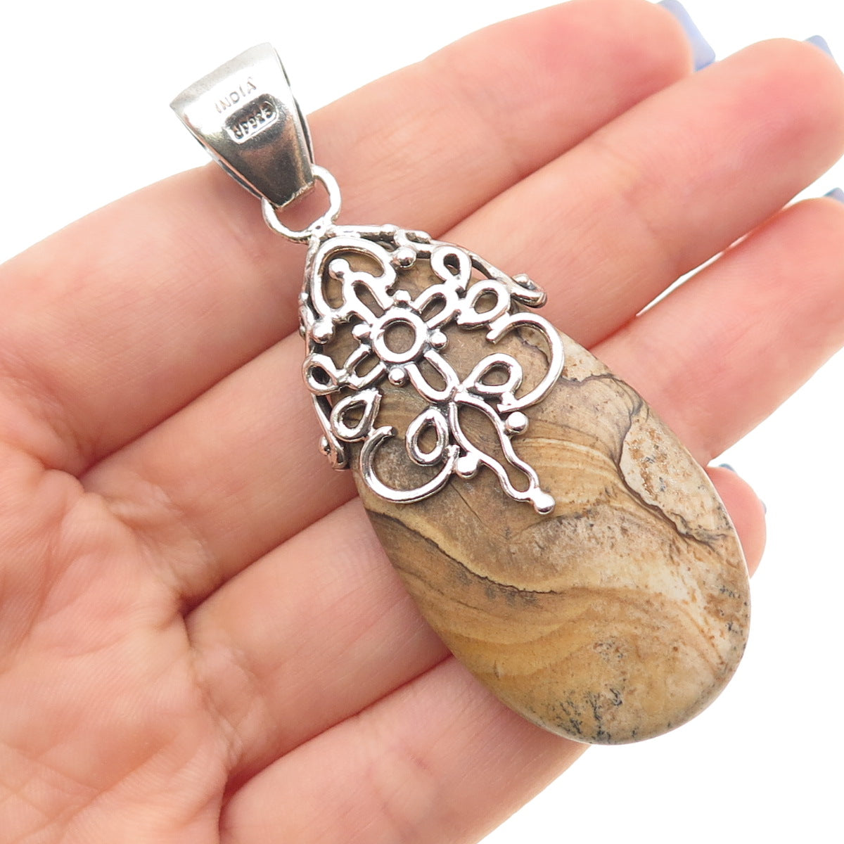 DOUG PAULUS 925 Sterling Silver Vintage Real Jasper Flower Pendant