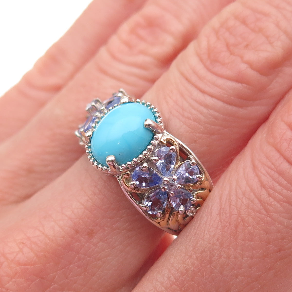 Chuck Clemency Sterling Silver 2-Tone Real Turquoise & Tanzanite Ring Size 8.25