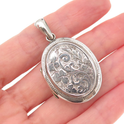925 Sterling Silver Antique Art Deco Engraved Floral Locket Charm Pendant