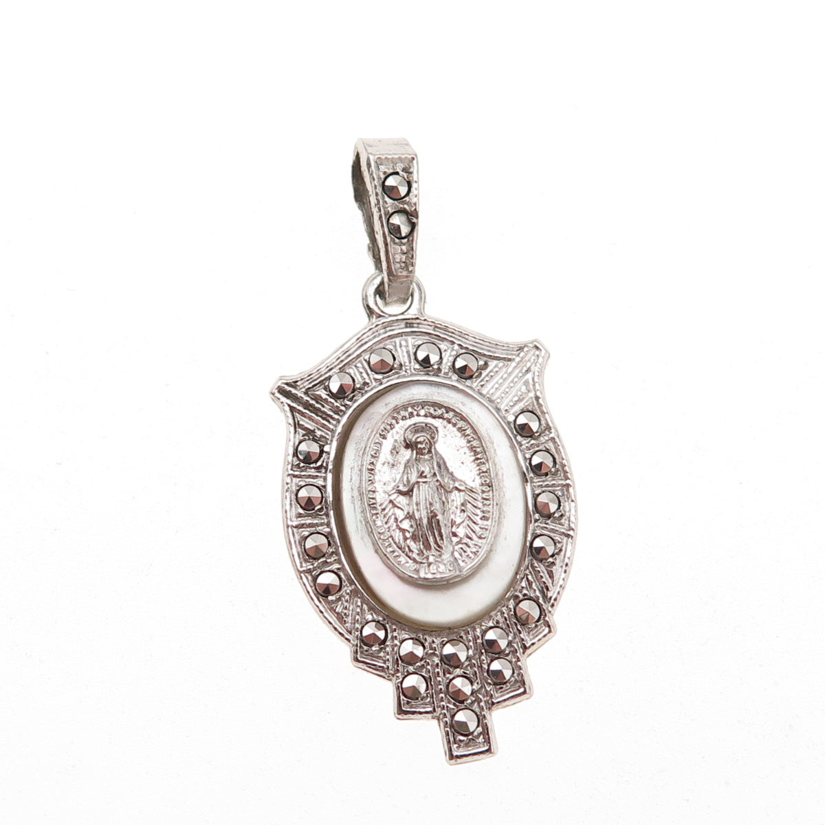925 Sterling Silver Antique Art Deco Real MOP & Marcasite St. Mary Charm Pendant