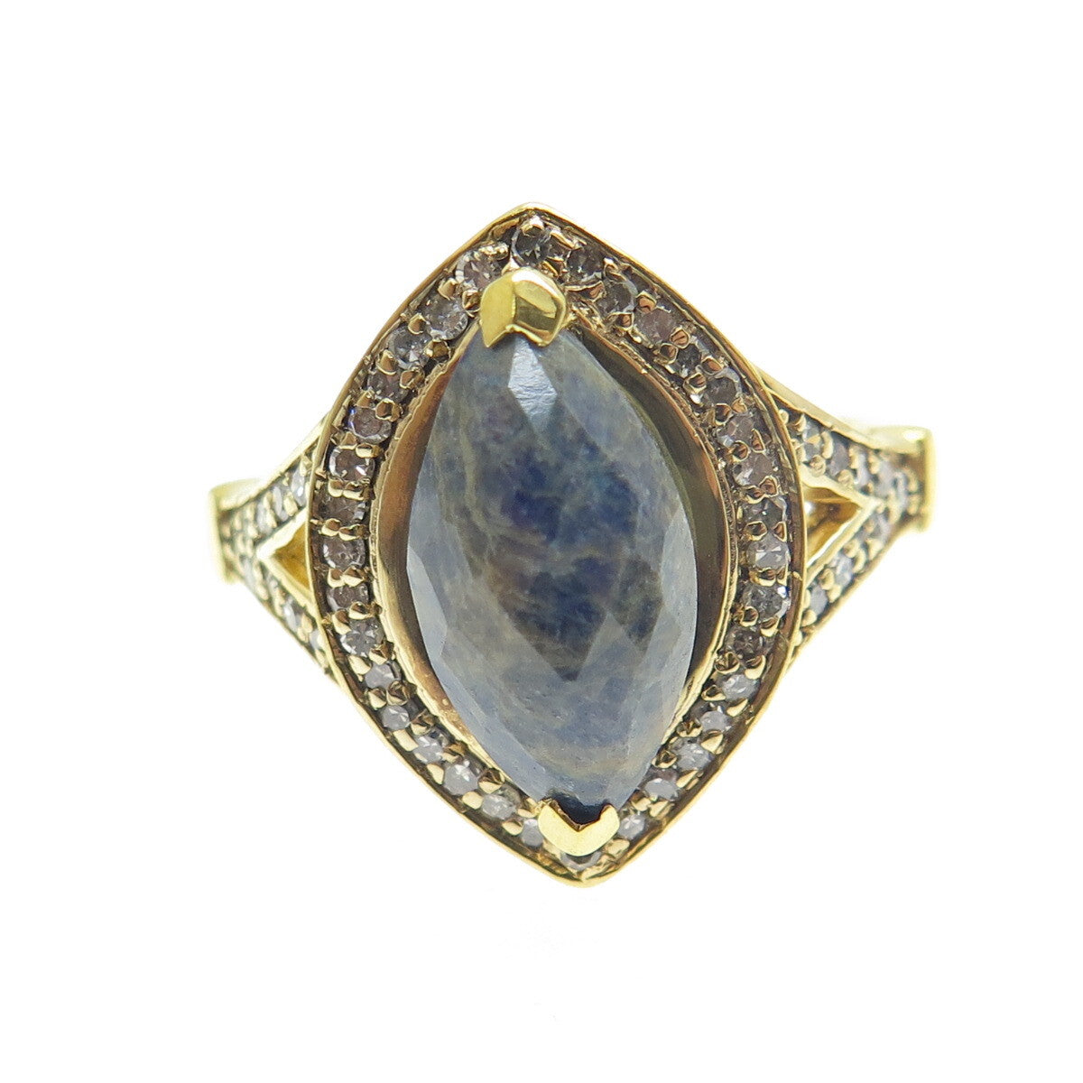 925 Sterling Silver Gold Plated Real Diamond & Picture Sapphire Gem Ring Size 8