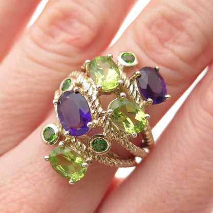 925 Sterling Silver Gold Plated Real Amethyst & Peridot Cluster Ring Size 6.25