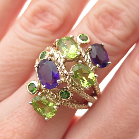 925 Sterling Silver Gold Plated Real Amethyst & Peridot Cluster Ring Size 6.25