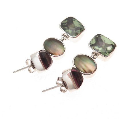Lori Bonn Sterling Vintage Real Green & Pink Tourmaline Abalone Shell Earrings