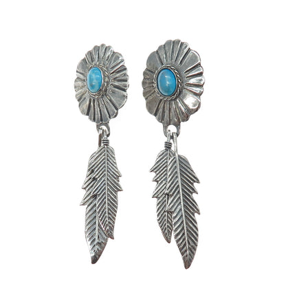 925 Sterling Silver Vintage Mexico Real Turquoise Feather Oxidized Earrings